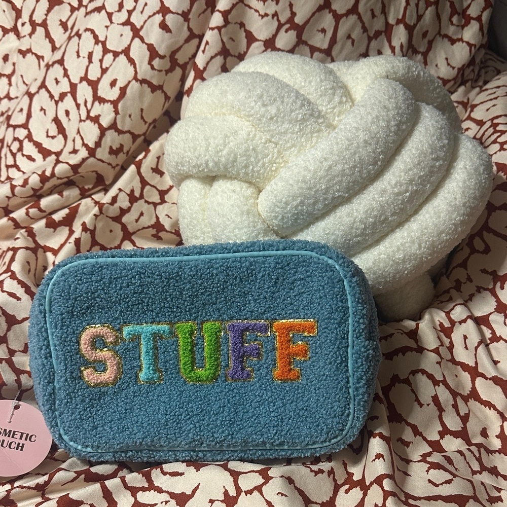 Colorful 'STUFF' Embroidered Pouch and knotted pillow